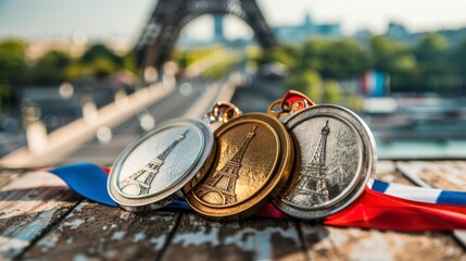 Naklejka premium Olympic gold, silver and bronze medals with the Eiffel Tower in the background. Paris 2024 Olympic Games concept, sporting event