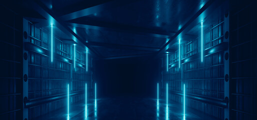 Neon Warehouse Sci Fi Futuristic Grunge Blue Glowing Laser Electric Concrete Hallway Hangar Showroom Corridor Club Dark Tunnel Realistic Background Beams 3D Rendering - 783907848