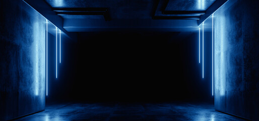 Neon Warehouse Sci Fi Futuristic Grunge Blue Glowing Laser Electric Concrete Hallway Hangar Showroom Corridor Club Dark Tunnel Realistic Background Beams 3D Rendering - 783907853