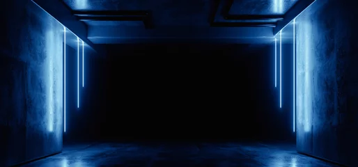 Neon Warehouse Sci Fi Futuristic Grunge Blue Glowing Laser Electric Concrete Hallway Hangar Showroom Corridor Club Dark Tunnel Realistic Background Beams 3D Rendering © IM_VISUALS