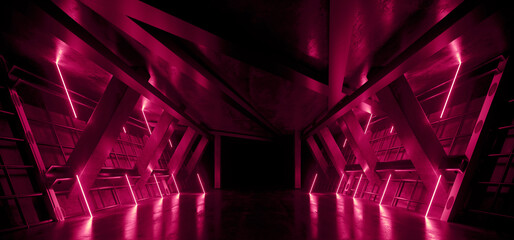 Neon Warehouse Sci Fi Futuristic Laser Red Glowing Vibrant Electric Concrete Cement Underground Showroom Tunnel Corridor Parking Grunge Asphalt 3D Rendering - 783907860