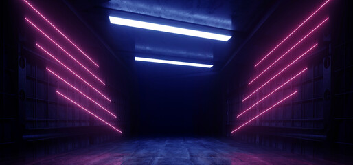 Neon Laser Purple Vibrant Sci Fi Futuristic Warehouse Empty Stage Showcase Room Corridor Tunnel Grunge Concrete Dark Underground Background 3D Rendering - 783908034
