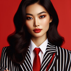 Portrait of an Asian woman in a striped suit on a red background.