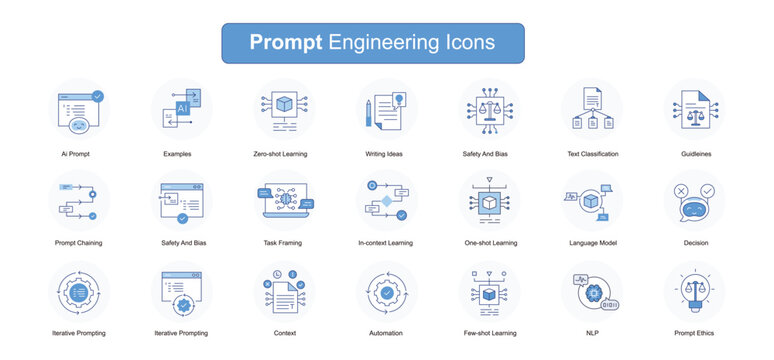 Optimizing Prompt Engineering. Icons for Ai prompt, in context learning, prompt iteration, prompt chaining, examples, few shot learning, zero shot learning, task framing, safety and bias, and more.