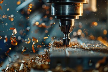 Precision Milling CNC Machine in Metal Work Industry with Multitool. Shallow View of Machining and Finishing with Shavings and Chips