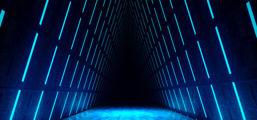 Triangle Alien Spaceship Tron Cyber Blue Glowing Tunnel Corridor Sci Fi Futuristic Dark Studio Hangar Warehouse Concrete Glossy Underground Hallway Background 3D Rendering - 783908242