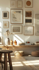 Detail shot of a gallery wall displaying framed artwork, scandinavian style interior