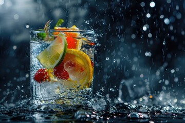Refreshing Citrous Gin Tonic Cocktail with Fruits. Cold Drink with Alcoholic Gin on Fresh Background
