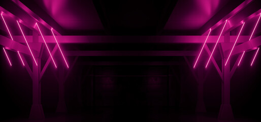 Alien Spaceship Neon Cyber Glowing Purple Lights Sci Fi Futuristic Garage Dark Tunnel Warehouse Underground Cement Concrete Grunge Tunnel Corridor Hangar 3D Rendering - 783908497