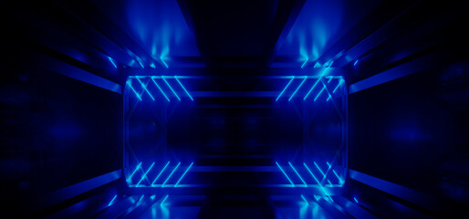 Sci Fi Cyber Alien Glowing Neon Laser Vibrant Blue Lights Beams Sci Fi Futuristic Spaceship Corridor Tunnel Warehouse Cyber Virtual 3D Rendering - 783908638