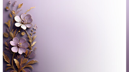 Bright decorative violet background with voluminous decorative flowers and elements of luxurious gold embroidery, elegant and sophisticated. Card, invitation, banner, poster, flyer, wallpaper. 