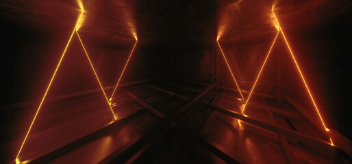 Cyber Parking Alien Spaceship Virtual Neon Sign Glowing Lasers Glowing Vibrant Orange Cement Basement Warehouse Tunnel Corridor Dark  Showroom Club Retro 3D Rendering - 783908644