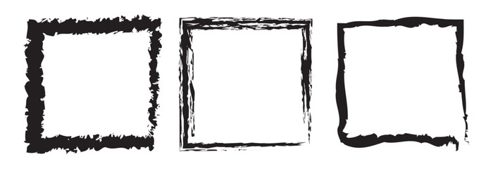 Vector Grunge Frame Set. Brush strokes frame. Black grunge square borders, paint brushes photo frames and hand drawn antique edges texture. Ink paint brush stain. Brush stroke rectangle frame.