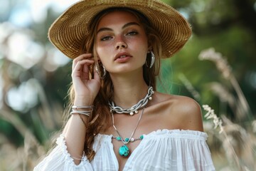 Stylish Flower Child wearing Turquoise Jewelry in a Boho Chic Fashion with a Straw Hat and Silver Rings