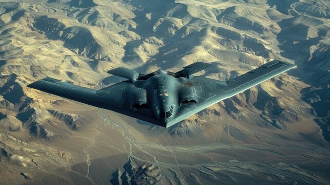 Stealth Bomber - B2 Spirit Flying Over Nevada. Military Aircraft in Action - Fighter Plane Ready for War