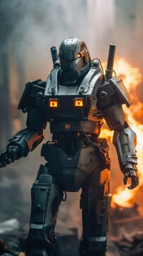 Military robot against the backdrop of fire. AI generative.