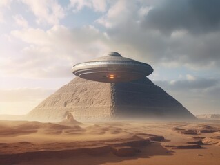 An alien saucer hovers above the pyramid. Science fiction. AI generative.