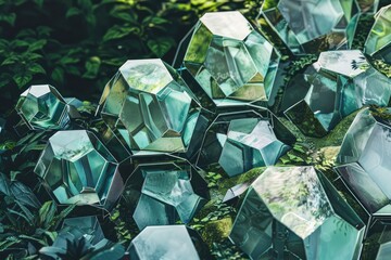 A collection of hexagonal crystals growing in a geometric garden - obrazy, fototapety, plakaty