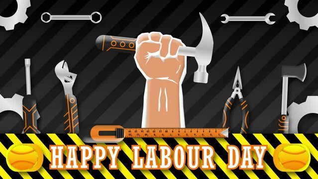 Hammer holding hand and happy labour day animation with labour tools and safety halmet.Showing strength of workers union.