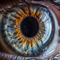 An up close photograph of a human eye with a reflection of the camera and photographer in the pupil. - obrazy, fototapety, plakaty