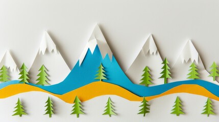 Colorful paper art forest and mountains. A creative panoramic paper art of a forest with bright colored trees against white mountains and a backdrop. Great for christmass postcard design inspiration