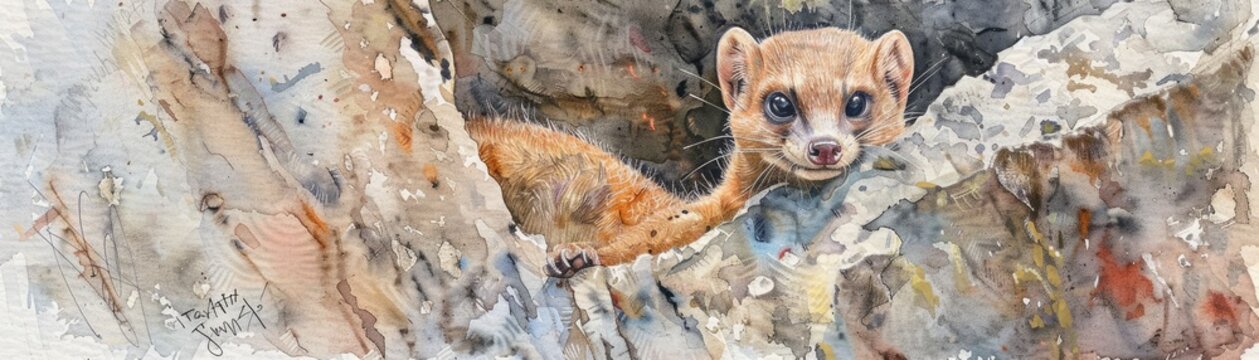 A watercolor painting of a curious mongoose peeking out from behind a rock