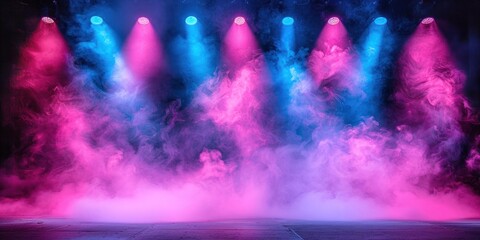 A stage emitting blue and pink smoke during a performance