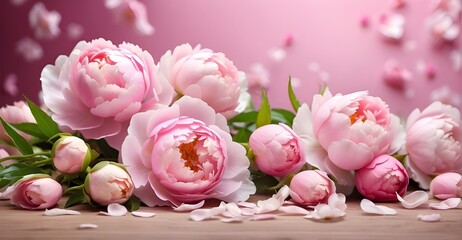 A delicate arrangement of pink roses and peonies, set against a backdrop of lush green foliage, captures the essence of natural beauty and romance. Each petal, meticulously detailed, seems to radiate 