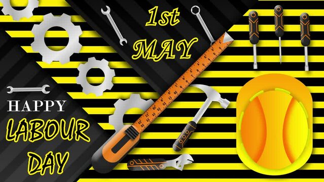 Happy labour day wishes with labour tools, measurement tape and safety halmet on black and yellow stripes background.