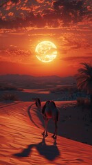 Picture a vast desert dune illuminated by the glow of a setting sun, where a solitary camel trudges across the sandy expanse