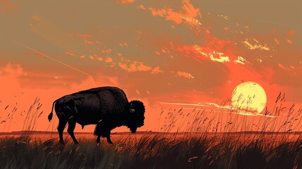 Picture a windswept prairie where a lone bison grazes on the tall grass, its massive form silhouetted against the vast expanse of sky as it moves with slow, deliberate steps across the open plain