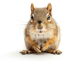 Fototapeta premium Studio photograph in 8K of a squirrel with a mischievous grin, isolated on an absolutely white background, ultra-realistic