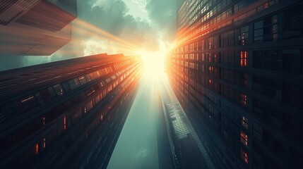 Surreal rays peering through the gaps in an urban skyline