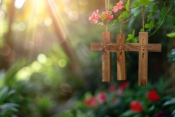 Three wooden crosses suspended in a garden. Generative Ai