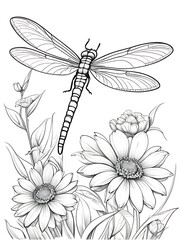 Dragonfly flower cartoon children coloring drawing without colors white background, ai generated