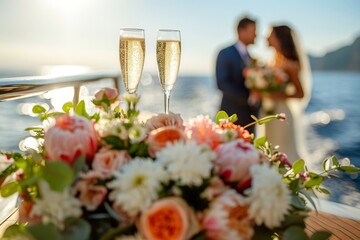 Champagne Toast for Yacht Wedding Couple at Sea. Bride and groom wedding on a luxury modern yacht