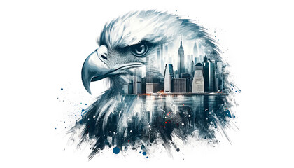 The image is an artistic blend of an eagle's close-up with an urban skyline superimposed, symbolizing vision, freedom, and the spirit of the city. - obrazy, fototapety, plakaty