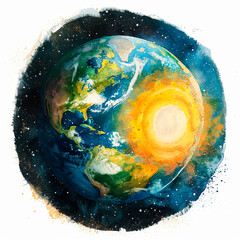International earth day illustration. Watercolor colorful Earth planet on starry space galaxy nebula background. Day and night.