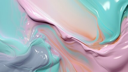 The close up of a glossy liquid surface abstract in blush pink, powder blue, and mint green colors...