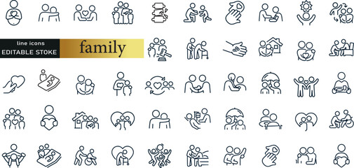 Types of family structures. Thin line icon set. Symbol collection in transparent background. Editable vector stroke
