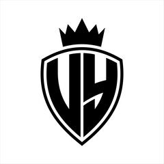 UY Letter monogram shield and crown outline shape with black and white color design