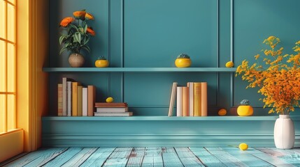 Room With Book Shelf and Vase of Flowers