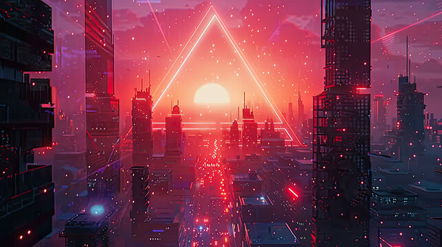 Dive into a video game set in a big city under shining stars framed by glitched triangle designs in a digital cyber world