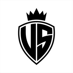 US Letter monogram shield and crown outline shape with black and white color design