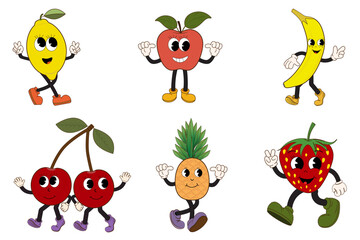 Set of fruits, retro cartoon character in groovy style. Vintage mascot lemon, apple, banana, cherry, pineapple, strawberry with a happy smile. Illustration of funky fruits and berries.