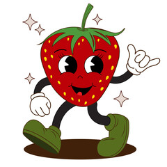 Groovy retro cartoon strawberry character in cool vintage 50s, 60s, 70s style. Fruit vintage mascot.