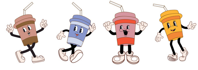 Retro cartoon set of funny latte coffee characters in groovy style, cute mascot. Vintage coffee vector illustration. Nostalgia for the 60s, 70s, 80s.