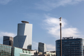 Obraz premium View of the tall buildings with the street lamp