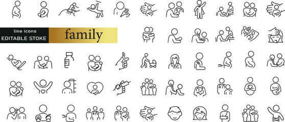 Types of family structures. Thin line icon set. Symbol collection in transparent background. Editable vector stroke