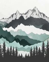 Colorful paper art forest and mountains. A creative panoramic paper art of a forest with bright colored trees against white mountains and a backdrop. Great for christmass postcard design inspiration